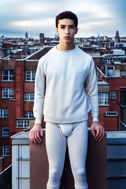 Image similar to un ultra high definition studio quality photographic art portrait of a young man standing on the rooftop of a british apartment building wearing soft padded silver pearlescent clothing. three point light. extremely detailed. golden ratio, ray tracing, volumetric light, shallow depth of field. set dressed.