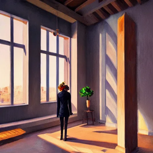 Image similar to giant carnation flower head, woman standing next to modern window in luxury loft, surreal photography, sunlight, impressionist painting, digital painting, artstation, simon stalenhag