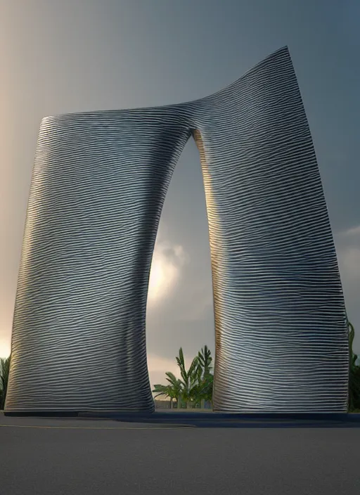 Image similar to highly detailed realistic architecture 3 d render of a metallic wooden stele monument in zaha hadid style standing on a side of a road, archdaily, made in unreal engine 4 octane render