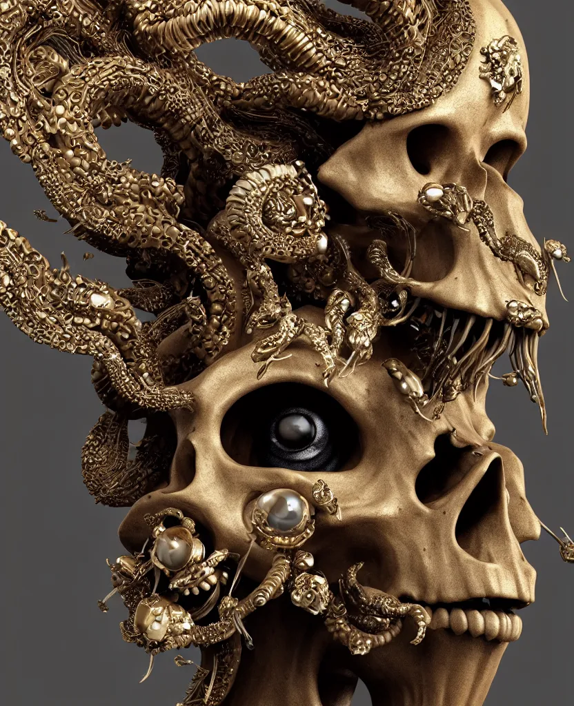 Image similar to goddess princess face close-up portrait ram skull. sculpture made of black clay and gold. jellyfish phoenix head, nautilus, orchid, skull, betta fish, bioluminiscent creatures, intricate artwork by Tooth Wu and wlop and beeple. octane render, trending on artstation, greg rutkowski very coherent symmetrical artwork. cinematic, hyper realism, high detail, octane render, 8k