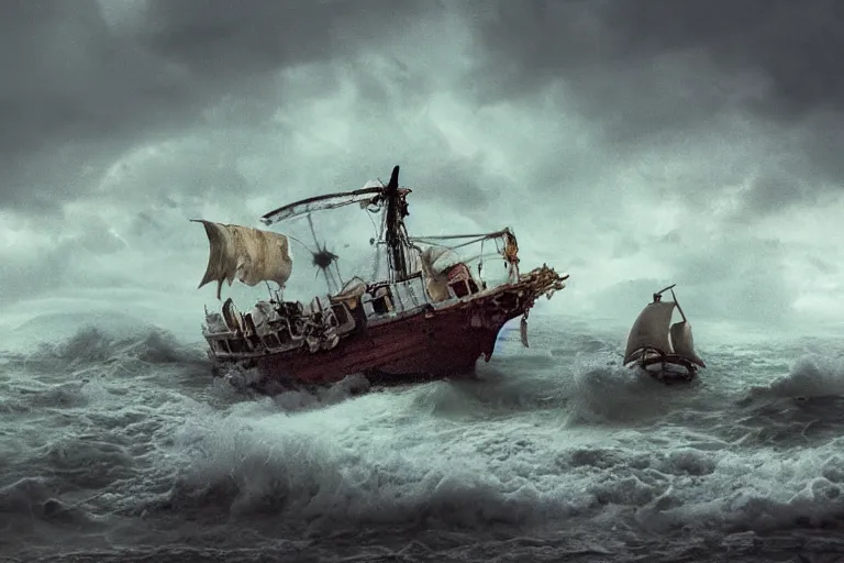 Prompt: pirate ship wreckage beached, in a storm, in the style of vernon grant and chris van allsburg, trending on artstation, bright tilt - shift camcorder effect, photoshop, retrowave, hyperrealism,