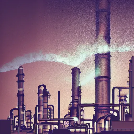 Prompt: Double exposure print of a tycoon blending into an oil refinery lit by gas flares, trending on artstation