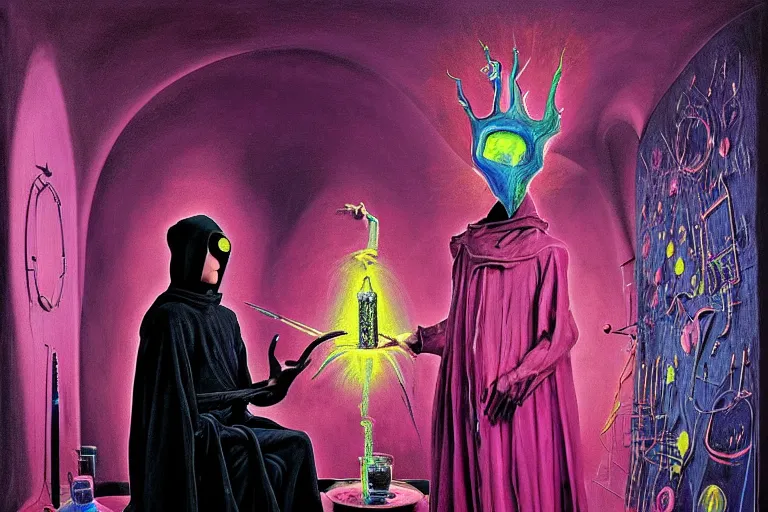 Image similar to a masterpiece painting in the laboratory of a technomancer wizard, in dazzle camouflaged robes, pointed hoods, he discusses sentience with his al djinn by remedios varo and anato finnstark and greg rutkowski and andy warhol and francis picabia. dayglo pink blue, prismatic, pearlescent, raven black, glowing, hyperrealism, trending on artstation