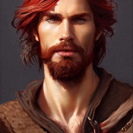 Prompt: portrait of a young ruggedly handsome but easygoing pirate, male, masculine, upper body, red hair, long hair, d & d, fantasy, intricate, elegant, highly detailed, digital painting, artstation, concept art, matte, sharp focus, illustration, art by artgerm and greg rutkowski and alphonse mucha