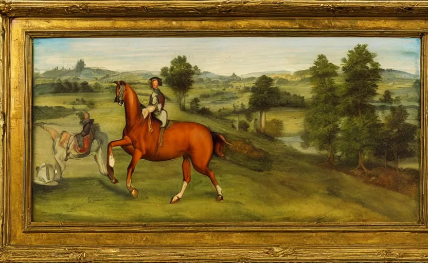 Image similar to a renaissance oil painting of a horse riding on a horse in a green meadow