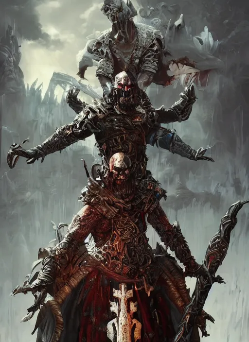 Image similar to An epic fantasy comic book style portrait painting of a supreme necromancer warlord with many undead and skeleton warriors around him, painted by craig mullins, unreal 5, DAZ, hyperrealistic, octane render, cosplay, RPG portrait, dynamic lighting