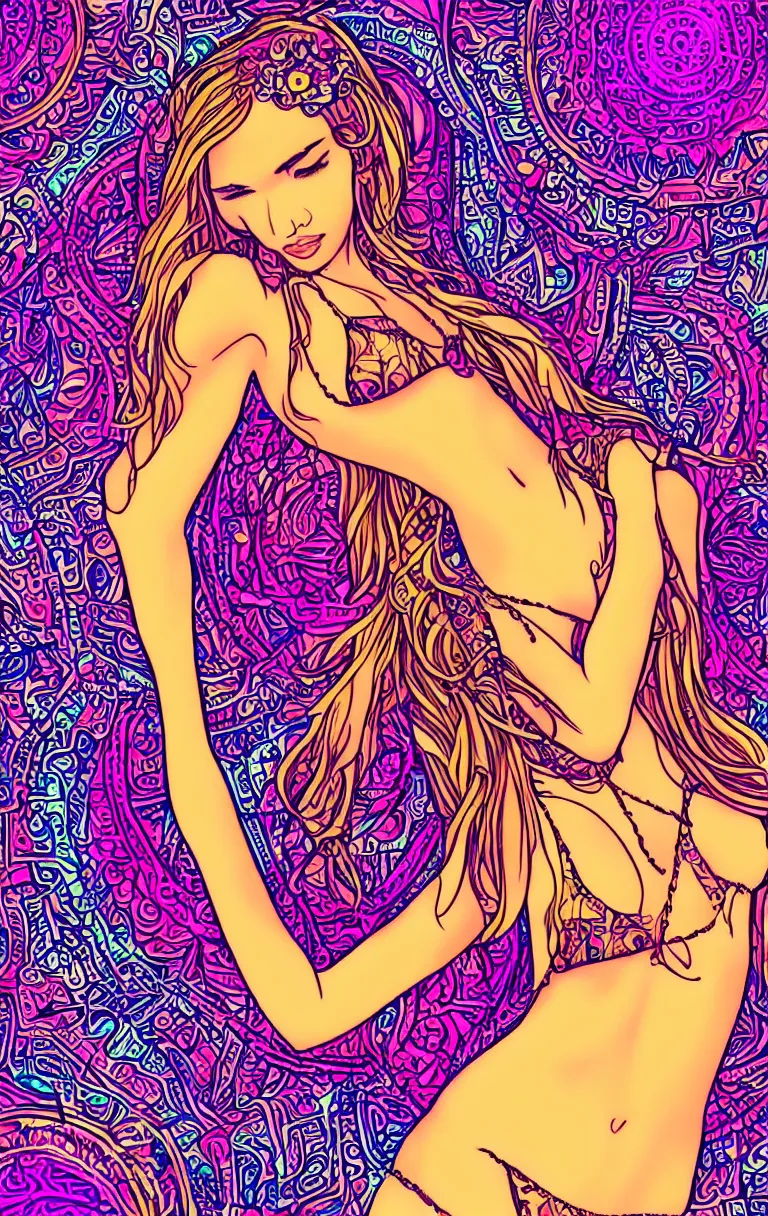 Image similar to beautiful hippie girl illustration, closeup in bikini over psychedelic sacred geometry hallucination