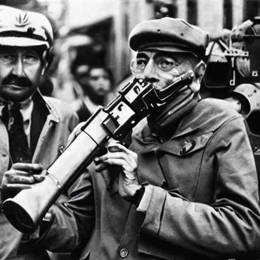 Prompt: historical footage of Patrick Balkany with a machine gun, 35mm wide HD, bySebastião Salgado