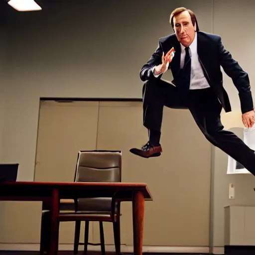 Image similar to saul goodman doing a kickflip across the judge's desk, movie film still, hq, hdr