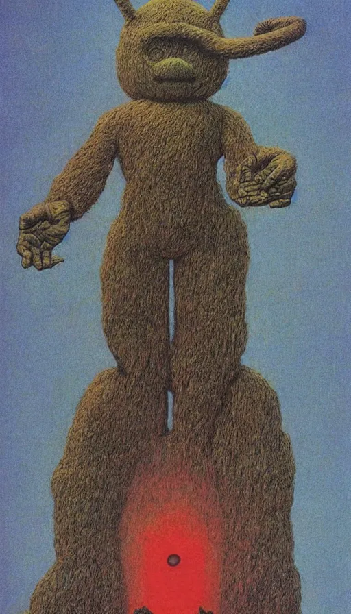 Image similar to giant occult teletubby by beksinski, colored pencil art, detailed, scary