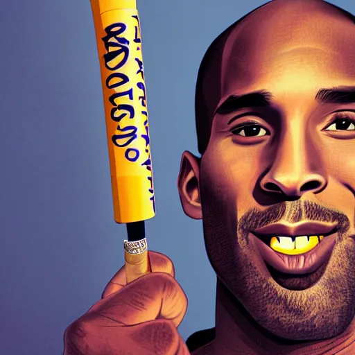 Image similar to selfie of kobe bryant holding a giant rolled marijuana cigarette in a helicopter, smoke around him, 8k resolution, hyper detailed, shot in the air