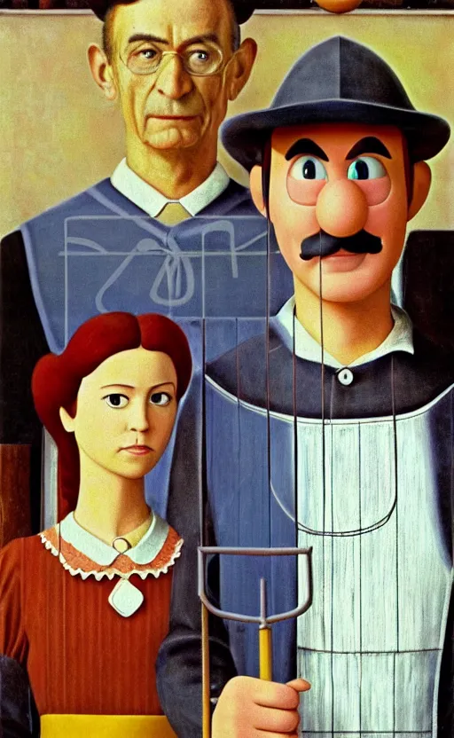 Prompt: Princess Peach and Mario as American Gothic by Grant Wood in the style of Super Mario 64, high quality render