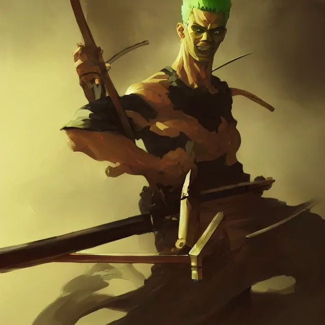 Image similar to a painting of roronoa zoro by greg rutkowski, dark fantasy art, high detail, trending on artstation