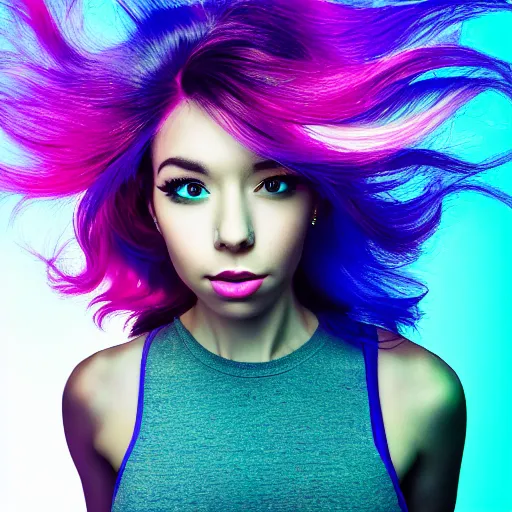 Prompt: a award winning upper body portrait of a beautiful woman in a coprtop with a ombre purple pink hairstyle with head in motion and hair flying, outrun, vaporware, vivid colors, highly detailed, fine detail, intricate