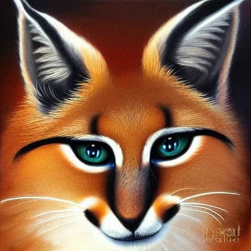 Image similar to cute fluffy caracal, painting by keith parkinson