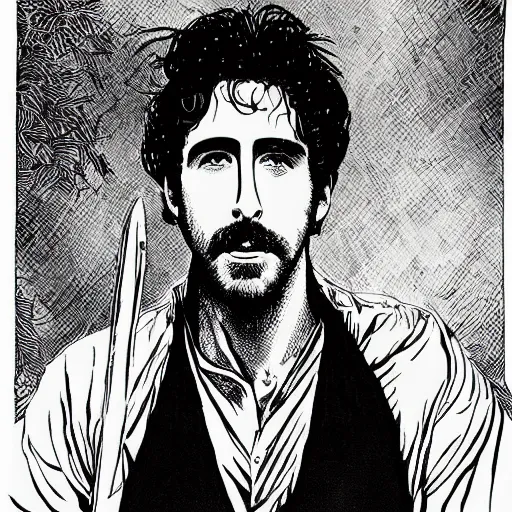 Image similar to pen and ink!!!! attractive 22 year old Frank Zappa x Ryan Gosling golden Vagabond magic swordsman glides through a beautiful battlefield magic the gathering dramatic esoteric!!!!!! pen and ink!!!!! illustrated in high detail!!!!!!!! by Hiroya Oku!!!!! Written by Wes Anderson graphic novel published on shonen jump 2049 award winning!!!!