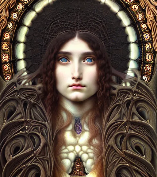 Image similar to hyperrealistic detailed face portrait of a beautiful long haired young goddess morphing into a gothic cathedral, authentic ornamental architecture, art by ernst haeckel, john william godward, android jones, h. r. giger, gothic, neo - gothic, heavily ornamental,