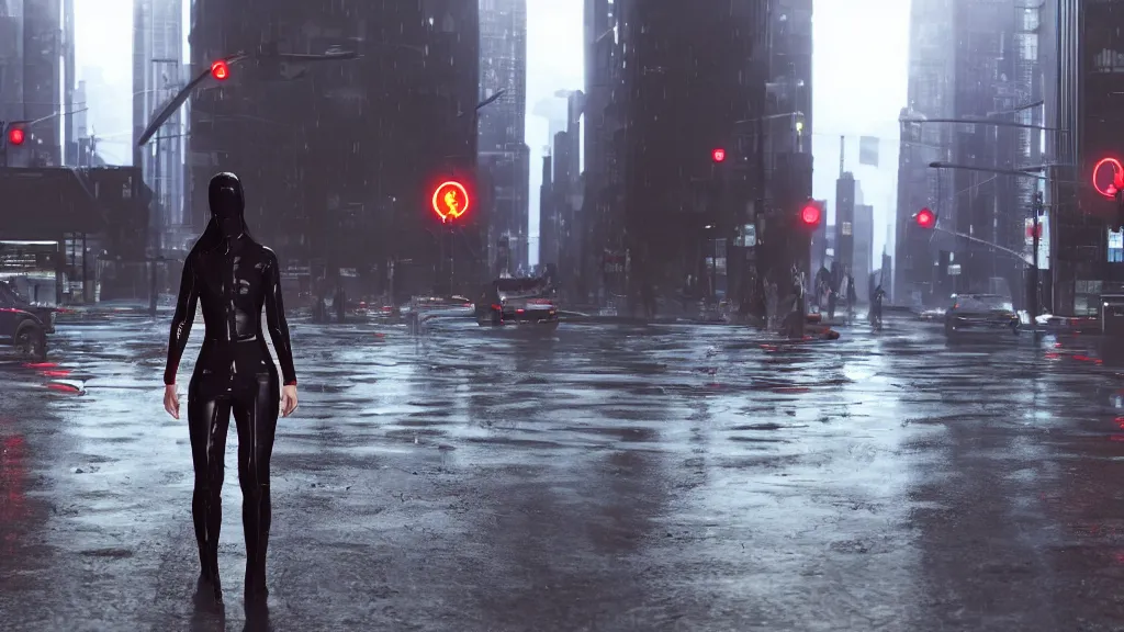 Prompt: modern sci-fi ninja woman with a sword and transparent plastic rainjacket and translucent clothing, walking towards oncoming busy traffic trucks and cars, in downtown chicago, daytime, wet floor on streets, matte painting, unreal engine, cinematic camera, mirrors edge, sunset overdrive