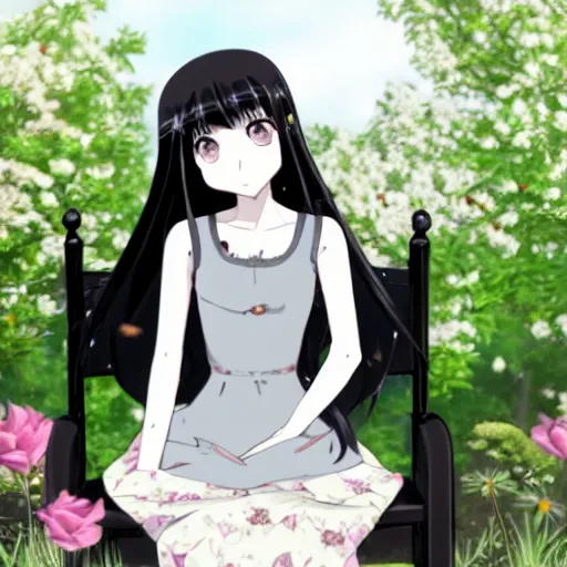 Image similar to A pale skin, long black hair, grey eyes girl wearing a black dress, sitting on a chair in the middle of a garden and holding a tea cup, anime style