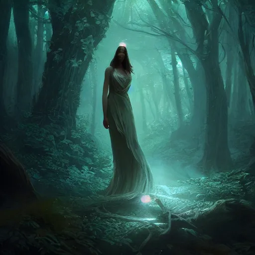 Prompt: a beautiful greek goddess in a bioluminescent ancient dark forest, greg rutkowski, 8 k, shallow depth of field, ultra high detail, concept art,