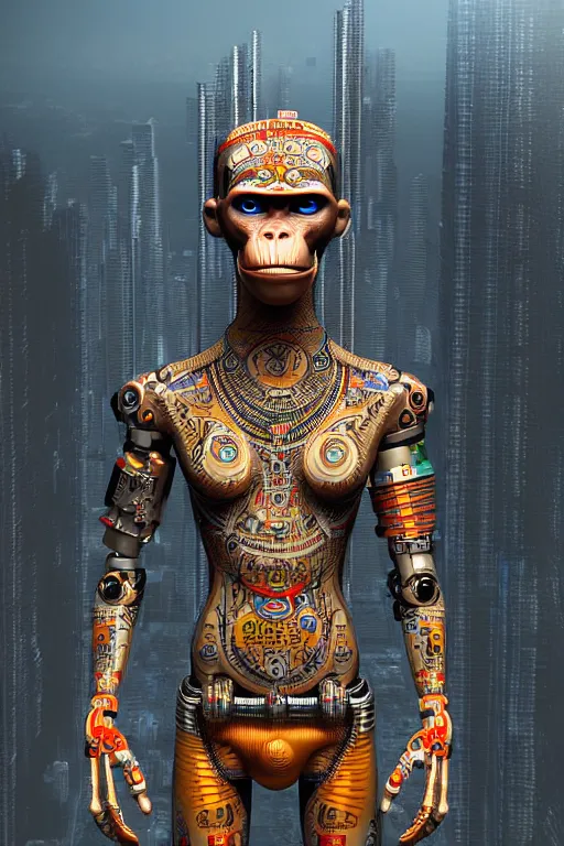 Prompt: high quality 3 d render cyborg! man monkey hybrid madhubani, highly detailed, cyberpunk!! mumbai in the background, unreal engine cinematic smooth, szukalski ravi varma, moody light, low angle, uhd 8 k, sharp focus