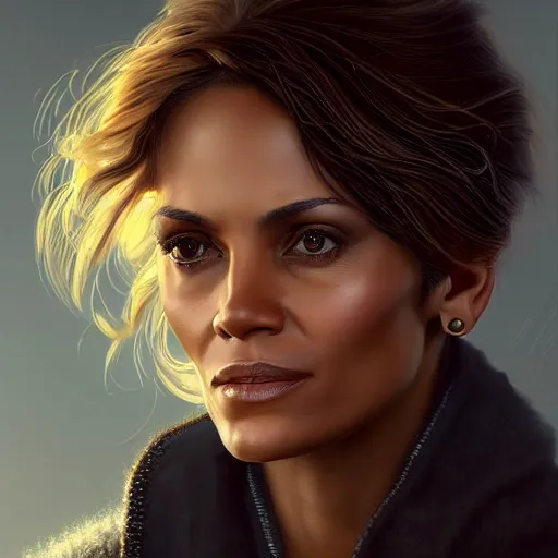 Image similar to portrait of maci holloway, first woman elected as president in usa, cold but beautiful, about 3 5 years old, highly detailed, mix of halle berry and julia roberts, artstation hd, deviantart, by artgem, greg rutkowski