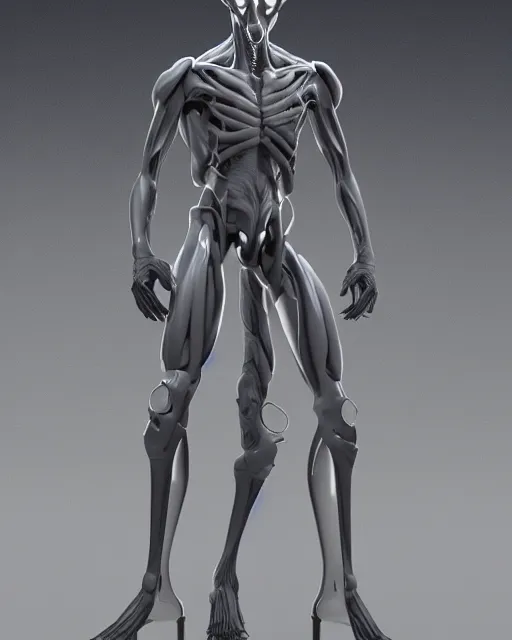 Image similar to Tall grey alien creature, dramatic lighting, very detailed, electrical details, high details, 4k, 8k, trending on artstation, by Hajime Sorayama and Paolo Eleuteri Serpieri