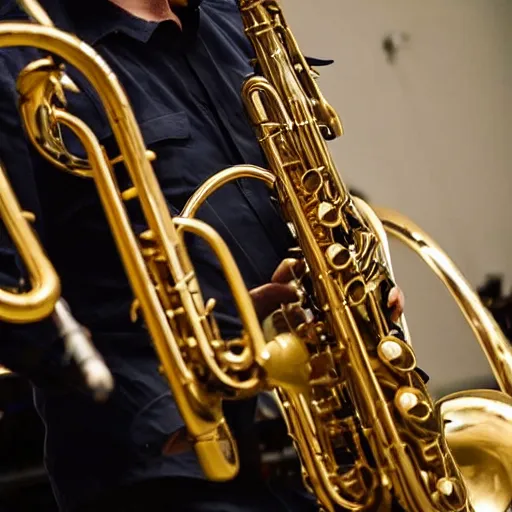 Image similar to a man playing three saxophones at the same time