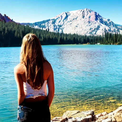 Image similar to pretty woman standing in front of a beautiful lake in a valley in the sierra nevada mountains,