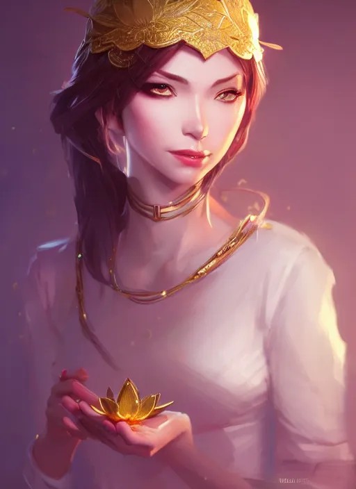 Image similar to female magician, wide angle view, lotus, flowers, gold, diamonds, highly detailed, artgerm, cushart krenz, artstation, soft light, sharp focus, illustration, character design, concept art