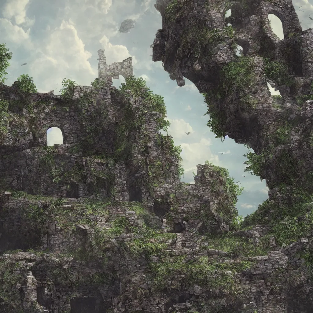 Image similar to looking up at a ruined castle on a small island only reachable by a small land bridge, 8 k, ultra realistic cinematic, intricate, cinematic light, concept art, illustration, art station