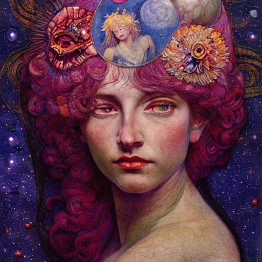 Image similar to queen of the moon with stars in her hair, by annie swynnerton and tino rodriguez and nicholas roerich and lucien freud and jean delville and charlie bowater, dramatic lighting, floral tattoos, rich colors, smooth sharp focus, extremely detailed, adolf wolfli