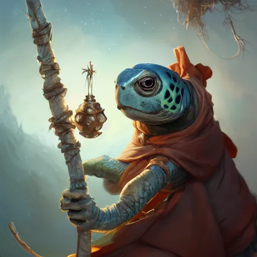 Image similar to cute wise sage turtle holding a staff, wearing a cloak, subsurface scattering, by jesper ejsing, justin gerard, tomasz alen kopera, cgsociety and fenghua zhong, highly detailed, rim light, cinematic lighting, illustration, art, octane render, very coherent, cinematic, hyper realism, high detail, octane render, 8 k