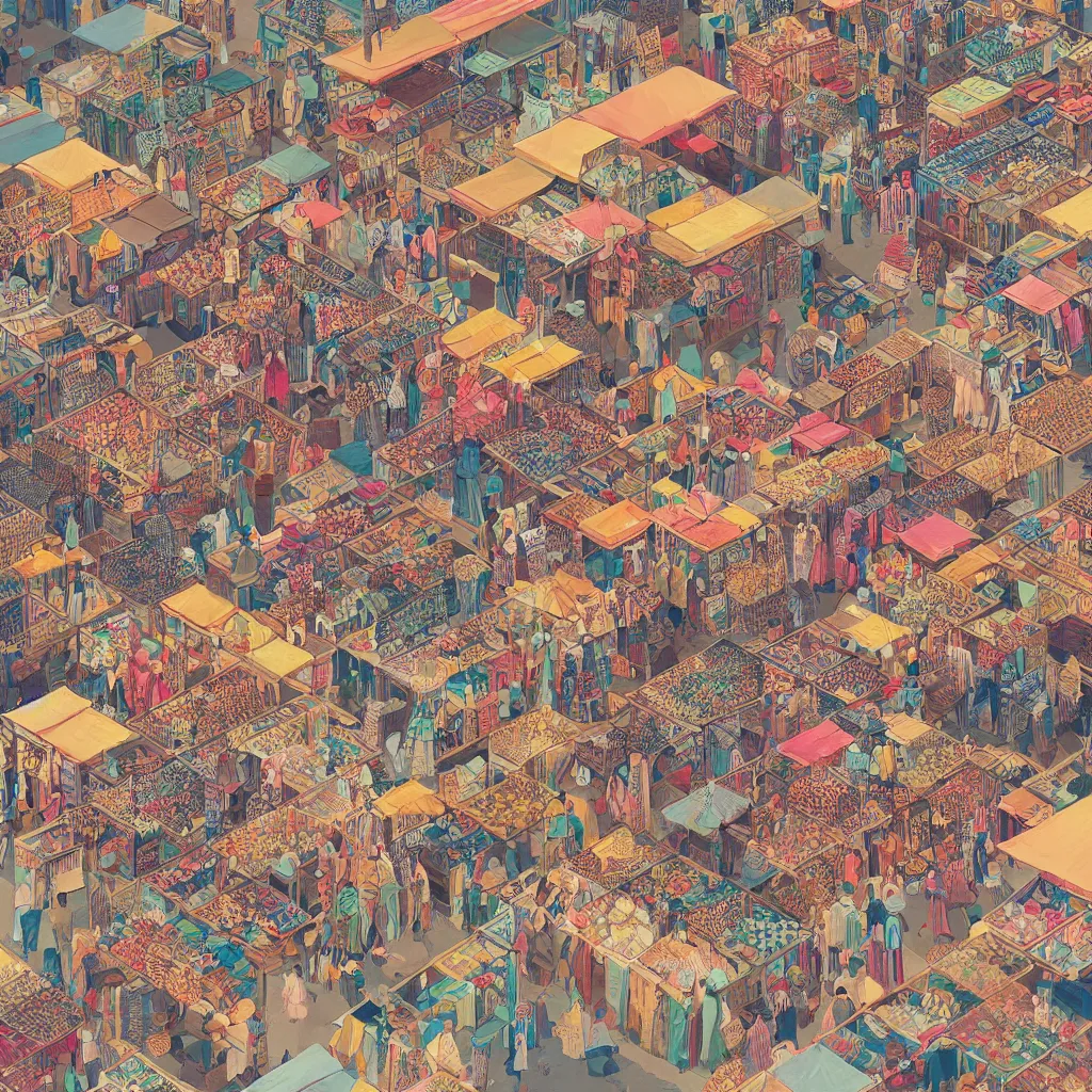 Image similar to isometric view illustration of a Souk in Marrakesh, highly detailed mid day by Victo Ngai