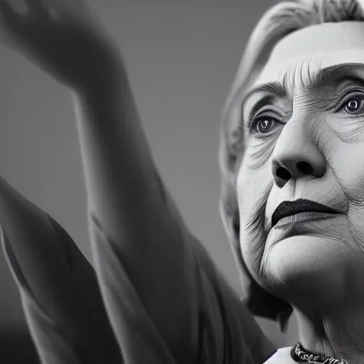 Image similar to Hillary Clinton with a long white gandalf beard and raising arms, 4K, octane rendering