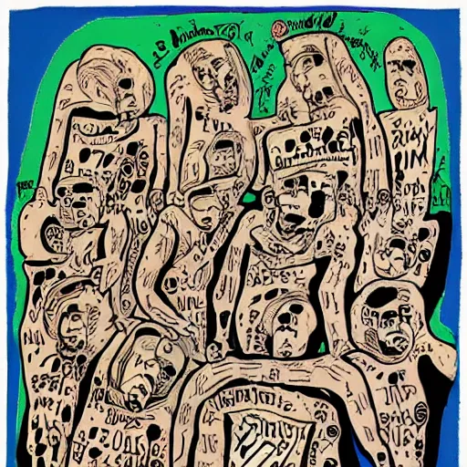 Image similar to surgery, in the style of daniel johnston and outsider art, 8 k, line brush, muted, overlaid with cyrillic words, baselitz, german expressionist woodcut