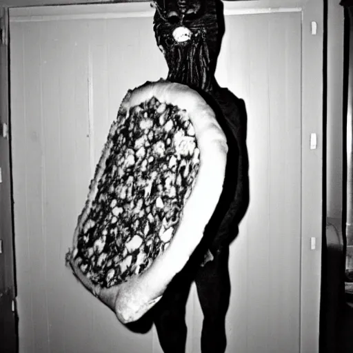 Prompt: grainy photo of a pizza as a creepy monster in a closet, harsh flash