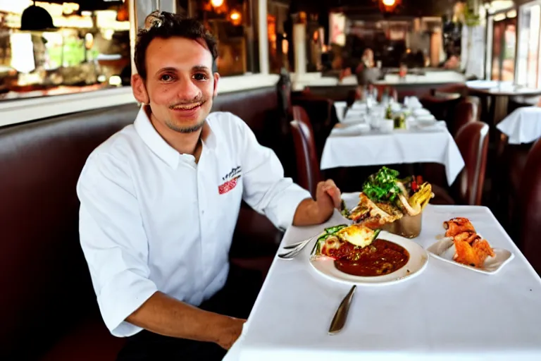 Image similar to busser in a restaurant declares his undying love to an empty plate