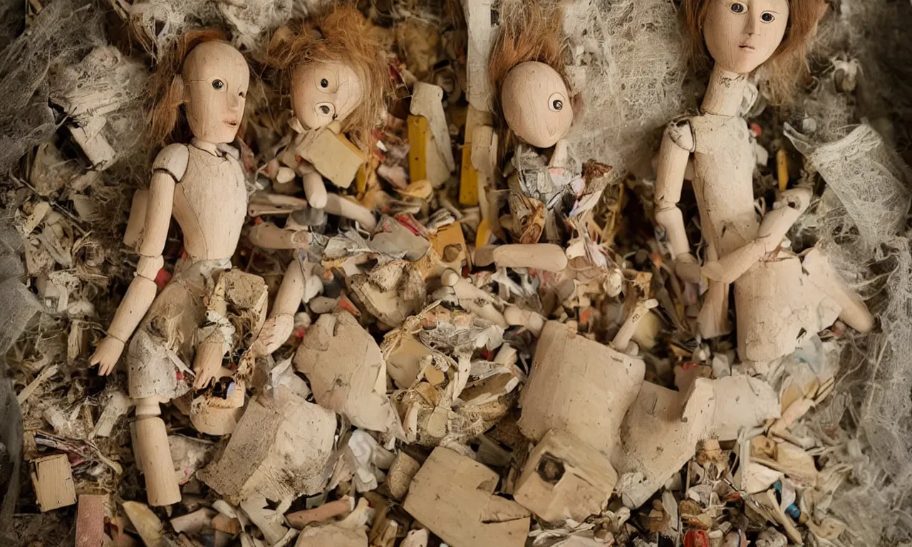 Prompt: a cinematic head and shoulders portrait of a beautiful female jointed wooden art doll, holding each other, abandoned inside an abandoned house, broken toys are scattered around, by Elsa Beskow