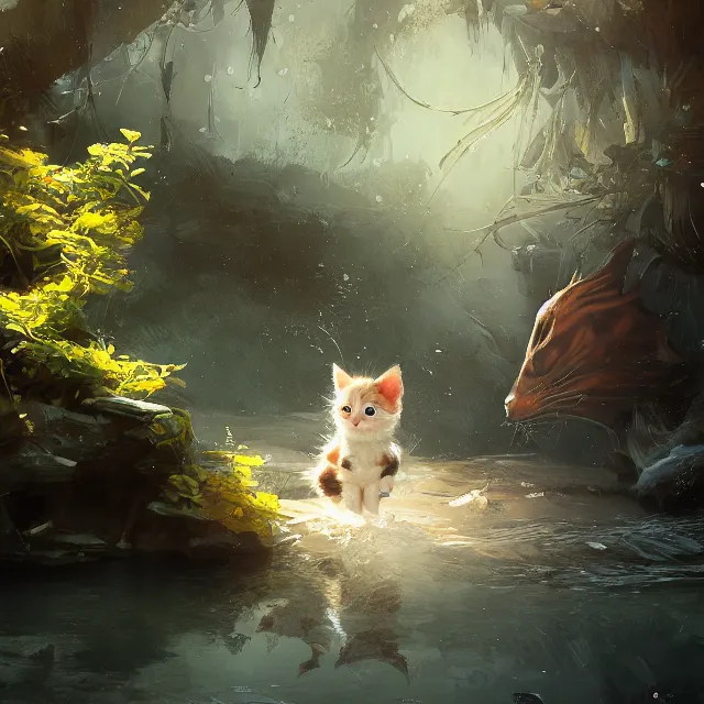 Image similar to a painting of a cute kitten at a river catching fish. disney character design by cory loftis, fenghua zhong, ryohei hase, ismail inceoglu and ruan jia. volumetric light, detailed, rendered in octane