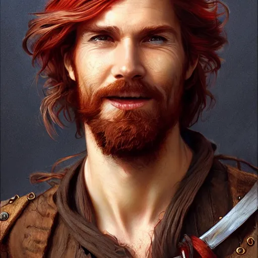 Prompt: portrait of a young ruggedly handsome but joyful pirate, male, masculine, upper body, red hair, long hair, d & d, fantasy, giddy smirk, intricate, elegant, highly detailed, digital painting, artstation, concept art, matte, sharp focus, illustration, art by artgerm and greg rutkowski and alphonse mucha