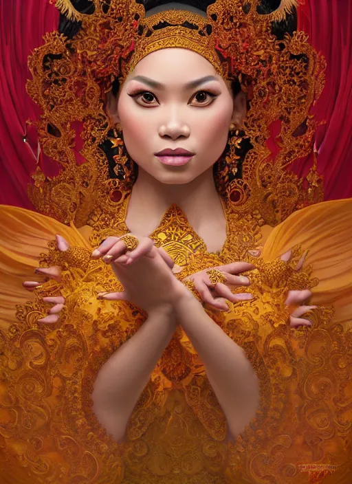 Image similar to javanese traditional dance, surealism, aesthetic, shiny, fantasy, intricate, elegant, extremely higly detailed, digital painting, artstation, face perfect, baroque, body perfect, concept art, octane render, cycles render, smooth, sharp focus, full body focus, illustration, digital painting, art by artgerm and greg rutkowski and alphonse mucha