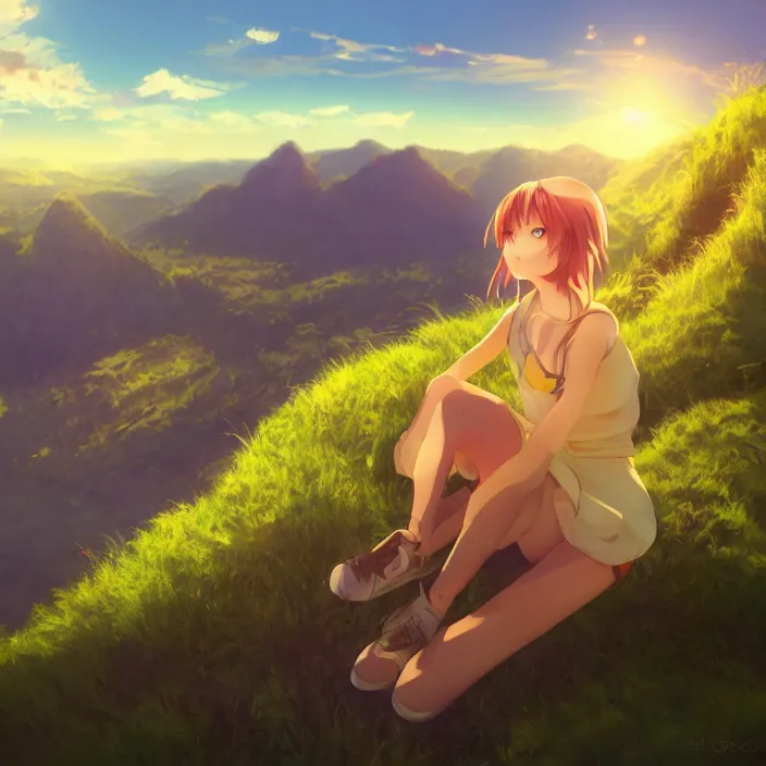 Image similar to Anime Girl Sitting on Edge of Cliff at a Green Valley at Sunset, Golden Hour! Trending on Artstation, Pixiv, Deviant Art!