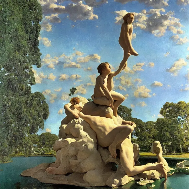 Prompt: A Monumental Public Sculpture of a 'Giant Child made of green marble watching the stars' on a pedestal by the lake, surreal oil painting by John Singer Sargent and Maxfield Parrish and Max Ernst shocking detail hyperrealistic!! Cinematic lighting