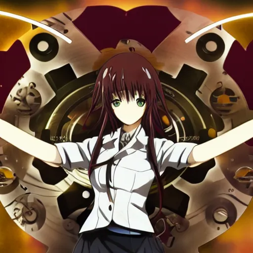 Image similar to Anime key visual of Kurisu from Steins;Gate, abstract clockwork background ,official media