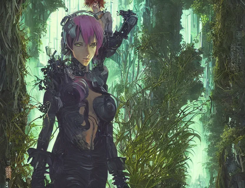 Prompt: the cyberpunk priestess overgrown by plants. this oil painting by the award - winning mangaka has interesting color contrasts, plenty of details and impeccable lighting.