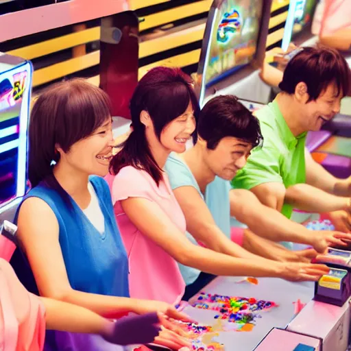 Image similar to a bunch of people at a japanese arcade pastel colors