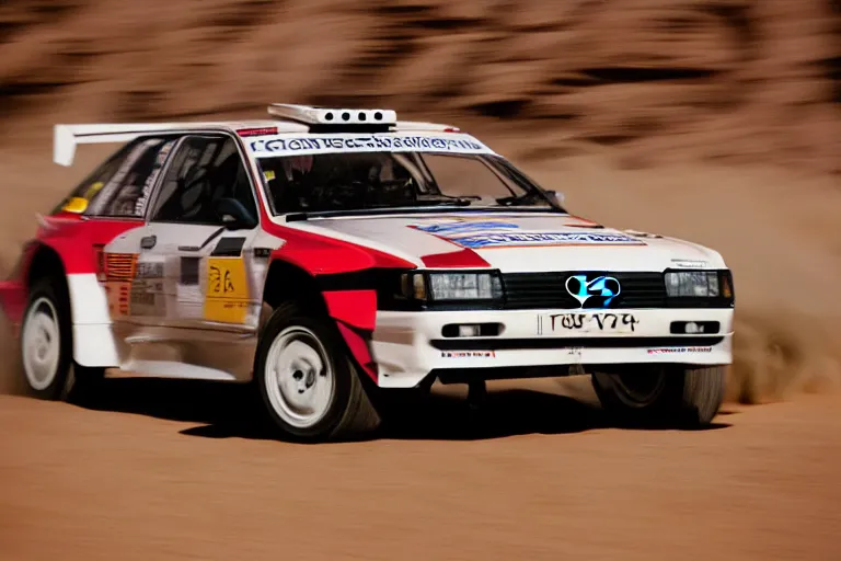 Image similar to Audi quattro rally car driving thru the desert. Cactus. Muted colors, photograph, high-speed photography, motion blur, midday, film 35mm