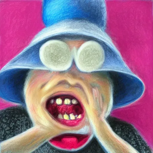 Prompt: Chalk Pastel, crazy cooky old woman, wearing a funny hat, yelling expression, trending on artstation, behance, dribbble