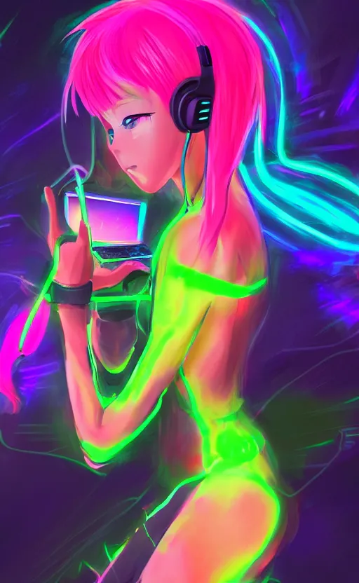 Prompt: anime girl with glowing neon hair wearing fit neon clothing and headphones while holding a laptop, WLOP, concept art, digital painting, trending on artstation, highly detailed, epic composition, 8k UHD